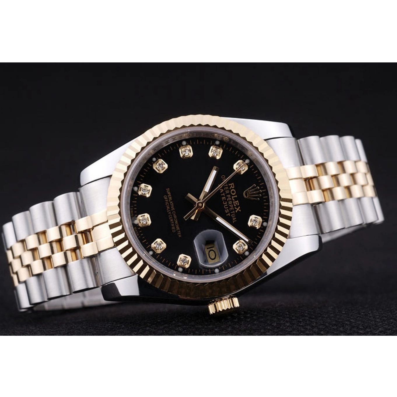 AAA Replica Watches Rolex Datejust Black Diamonds Dial Bezel Ribbed 7453 1013